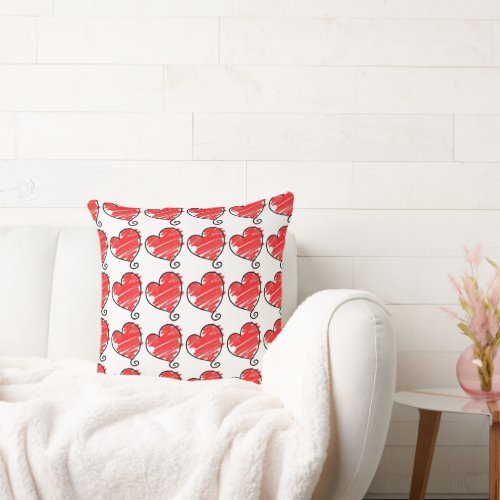 Cute Red and White Hearts Doodles Pattern Throw Pillow