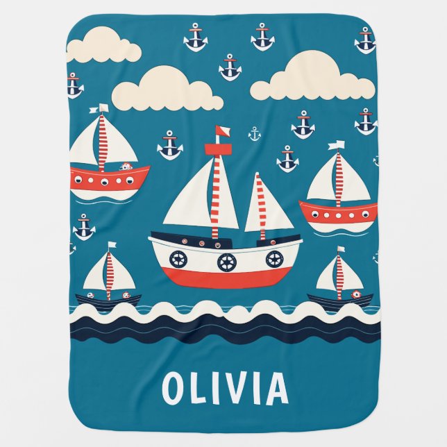 Cute Red and White Nautical Sailboats and Anchors Baby Blanket (Front)
