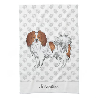 Cute Red And White Phalène Dog With Custom Name Kitchen Towel