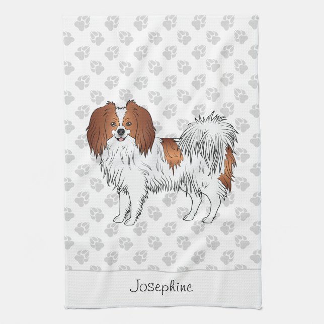 Cute Red And White Phalène Dog With Custom Name Kitchen Towel (Vertical)