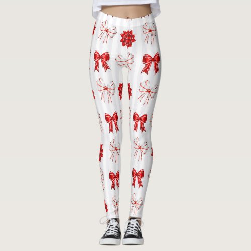 Cute Red and White Ribbon  White Background Leggings