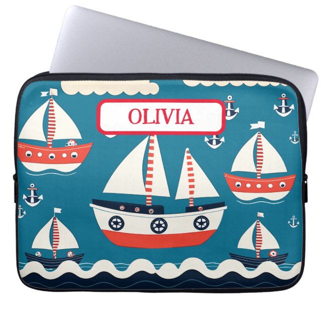 Cute Red and White Sailboat with Anchors Laptop Sleeve (Front)