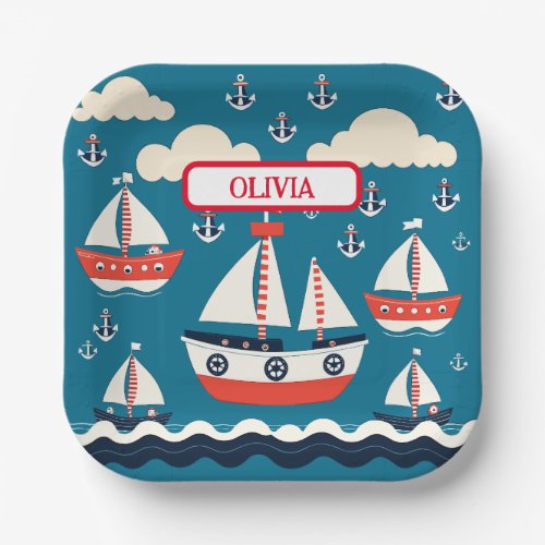 Cute Red and White Sailboat with Anchors Paper Plates