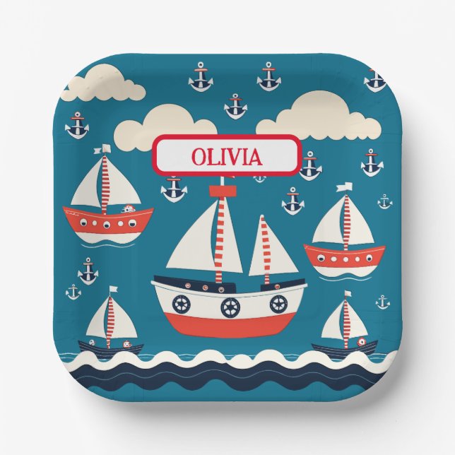 Cute Red and White Sailboat with Anchors Paper Plates (Front)