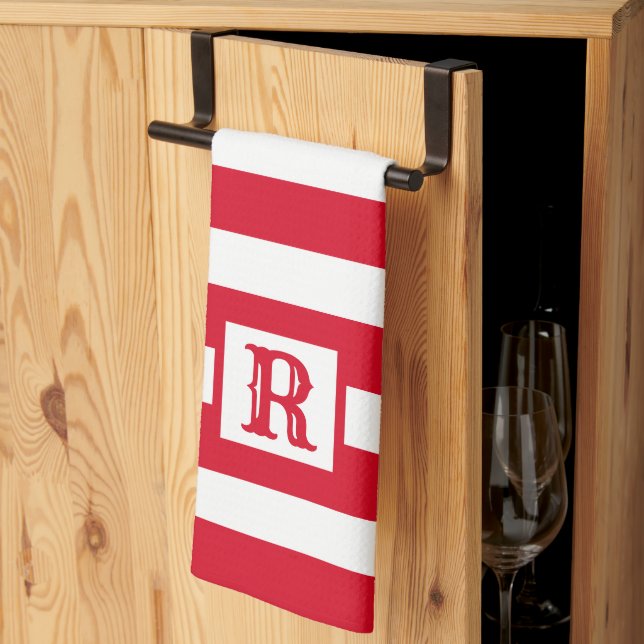 Cute Red and White Striped Design Single Initial Kitchen Towel (Thirds Fold)