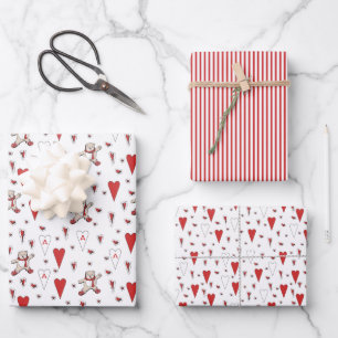 Cute Red and White Teddy Bear & Heart Valentines Wrapping Paper Sheets