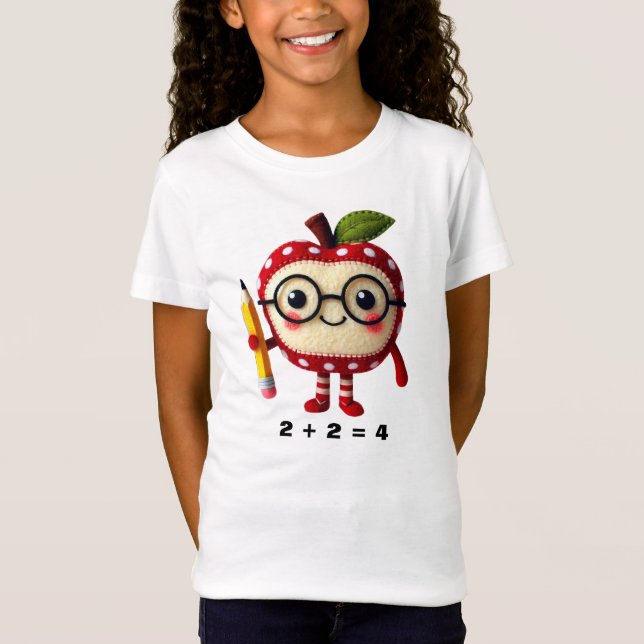 Cute Red Apple Character with Math Equation Kids T-Shirt (Front)