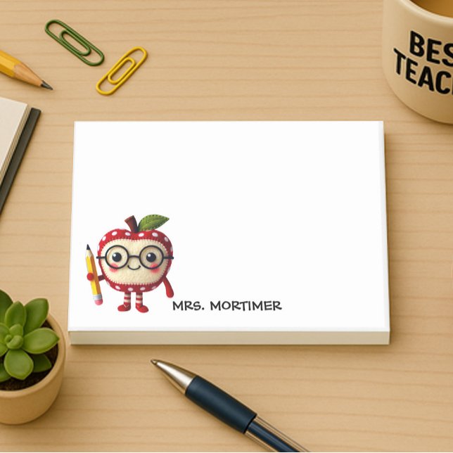 Cute Red Apple Character with Pencil Teacher 4x3+ Post-it Notes (personalized 4x3 stiicy notepad. Cute Apple character holding a pencil personalize with a name)