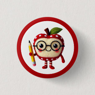 Cute Red Apple Character with Pencil Teacher Button