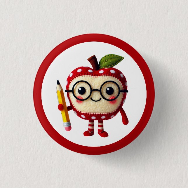 Cute Red Apple Character with Pencil Teacher Button (Front)