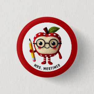 Cute Red Apple Character with Pencil Teacher Name Button