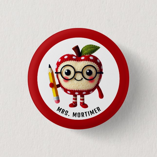 Cute Red Apple Character with Pencil Teacher Name Button (Front)