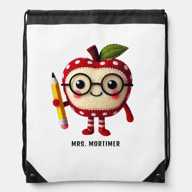 Cute Red Apple Character with Pencil Teacher Name Drawstring Bag (Front)