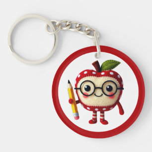 Cute Red Apple Character with Pencil Teacher Name Keychain