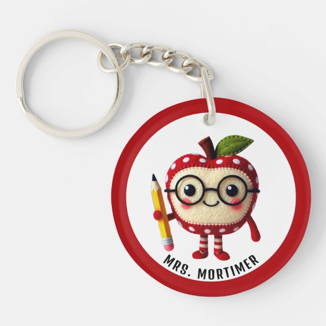 Cute Red Apple Character with Pencil Teacher Name Keychain (Front)