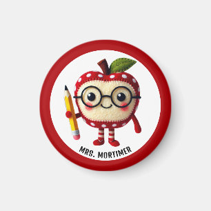 Cute Red Apple Character with Pencil Teacher Name Magnet