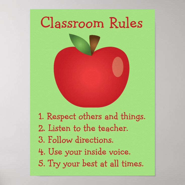 Cute Red Apple Custom Classroom Rules Poster | Zazzle