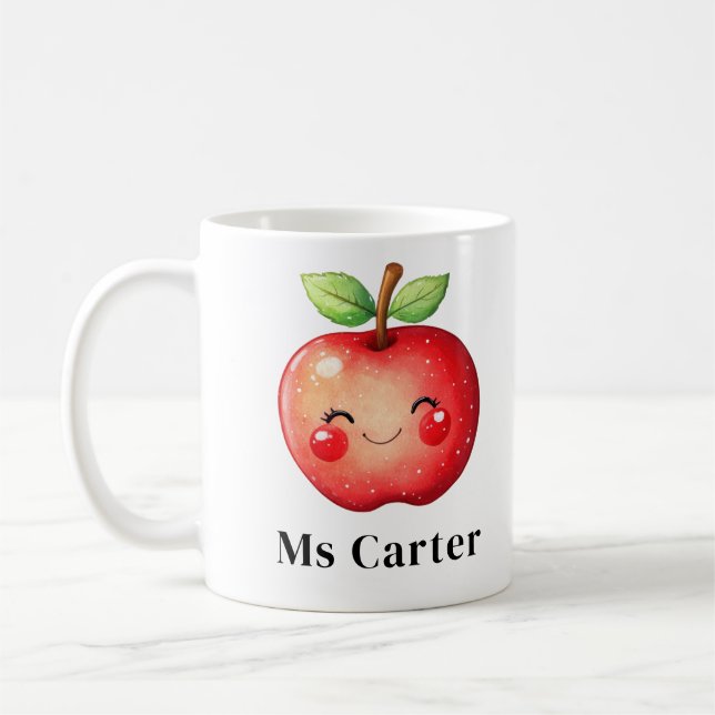 Cute Red Apple Face Personalized Teacher Gift Coffee Mug (Left)