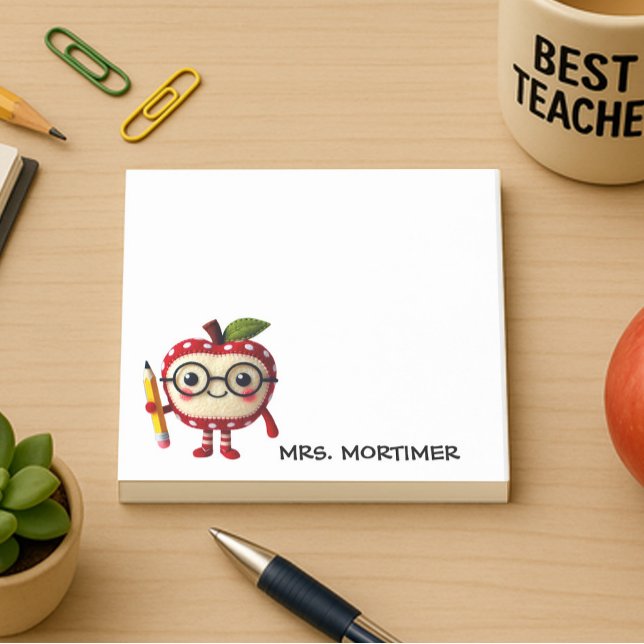 Cute Red Apple Holding Yellow Pencil Teacher 3 x 3 Post-it Notes (3 x 3 sticky notes for teachers with a cute apple character holding a pencil. personalize with a nam)
