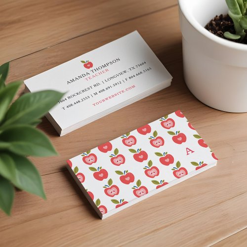 Cute Red Apple Pattern Teacher Tutor Learning Business Card