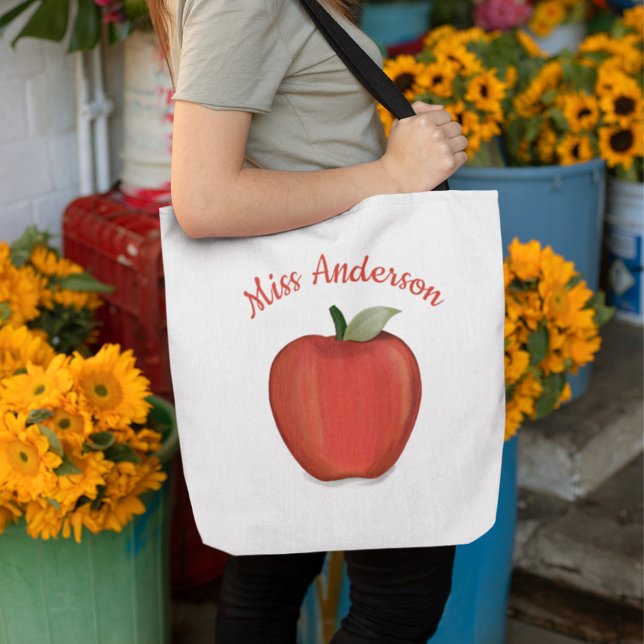 Cute Red Apple Teacher Personalized  Tote Bag (Teacher watercolor apple personalized tote bag.)