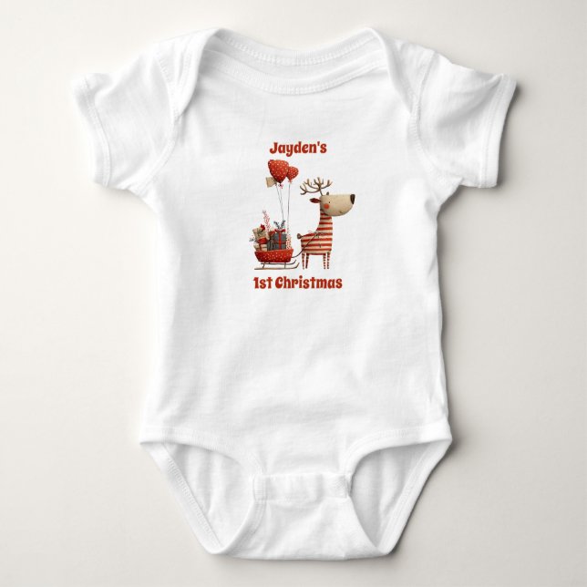 Cute Red Baby Boy Girl Reindeer 1st Christmas  Bodysuit (Front)
