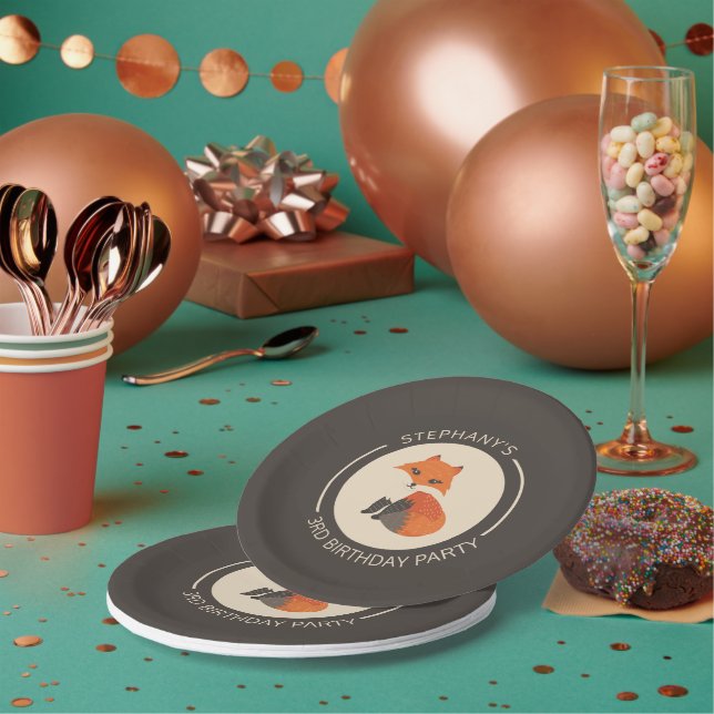 Cute red baby fox illustration custom monogram paper plates (Multi)