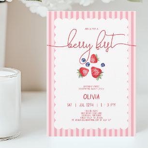 Cute Red Baby Girl Berry First 1st Birthday Party Invitation