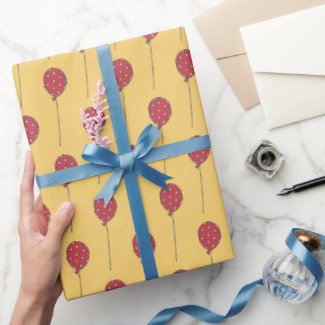 Cute Red Balloons w Polkadots Pattern  Yellow Kids Wrapping Paper