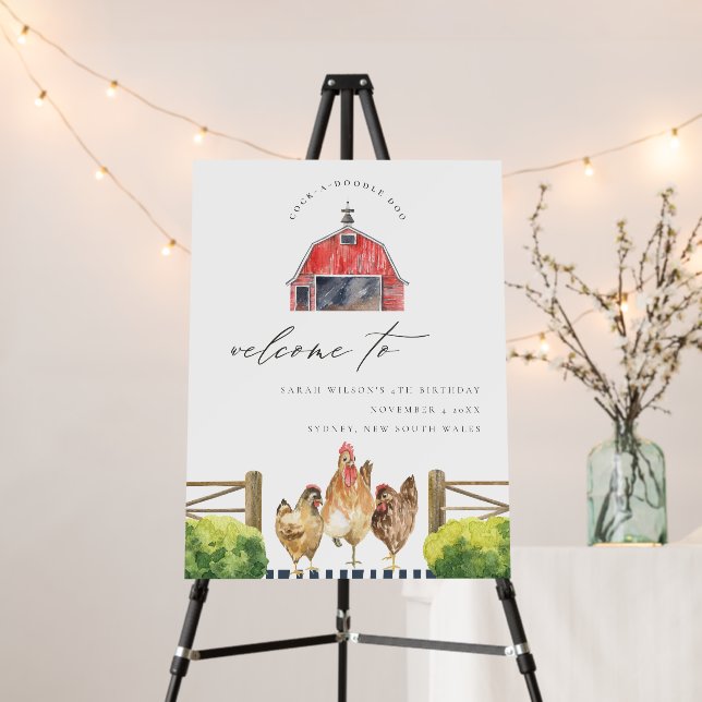Cute Red Barn Chicken Farm Kids Birthday Welcome Foam Board (In Situ (Stand))