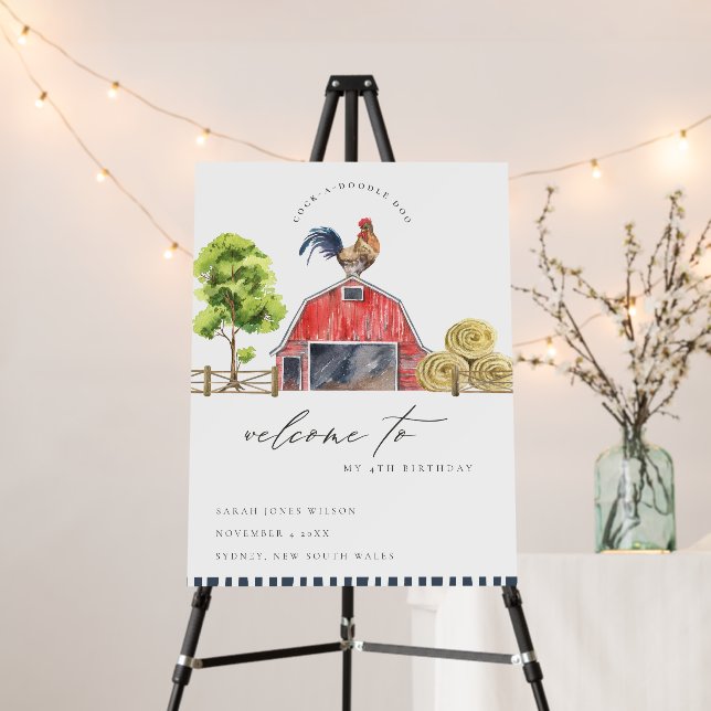 Cute Red Barn Chicken Farm Kids Birthday Welcome Foam Board (In Situ (Stand))