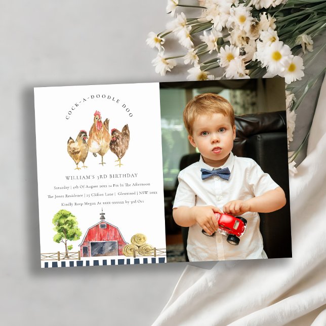 Cute Red Barn Chicken Farm Photo Birthday Invite (Creator Uploaded)