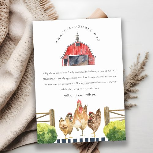 Cute Red Barn Chicken Farm Watercolor Birthday Thank You Card