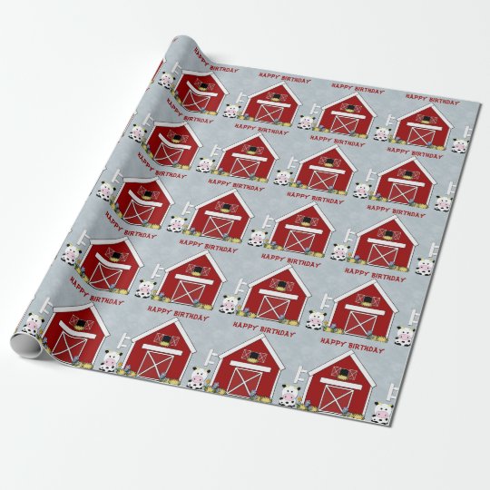 Cute Red Barn, Cow Farm, Custom Birthday Wrapping Paper | Zazzle.com