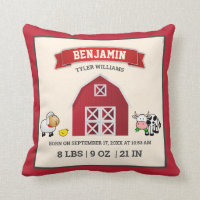 Cute Red Barn Farm Animals Baby Birth Stats Throw Pillow