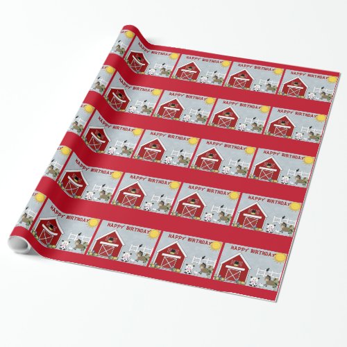 Cute Red Barn Farm Animals Birthday Wrapping Paper