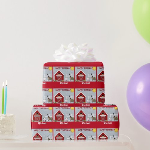 Cute Red Barn Farm Animals Birthday Wrapping Paper