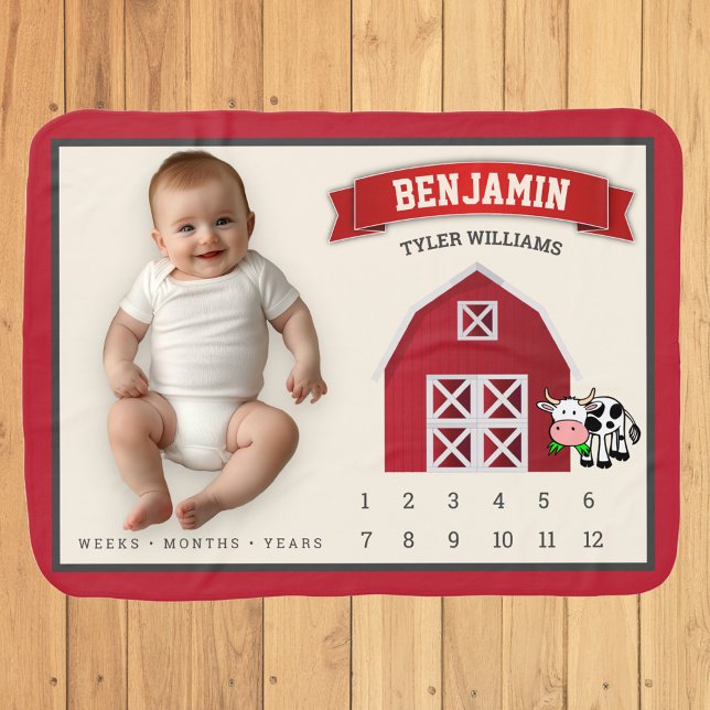 Cute Red Barn Farm Cow Baby Boy Monthly Milestone Baby Blanket (Creator Uploaded)