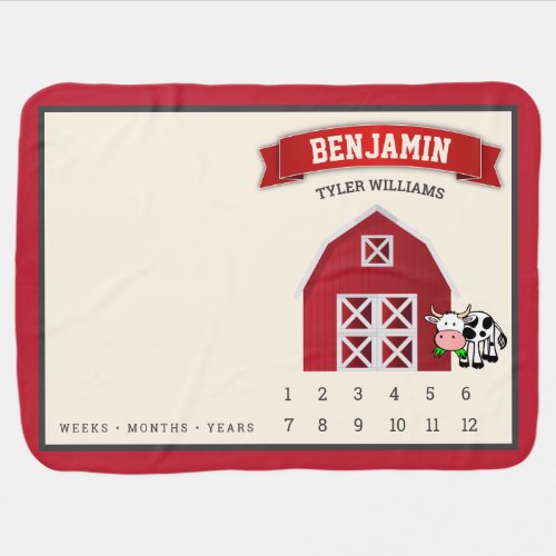 Cute Red Barn Farm Cow Baby Boy Monthly Milestone Baby Blanket