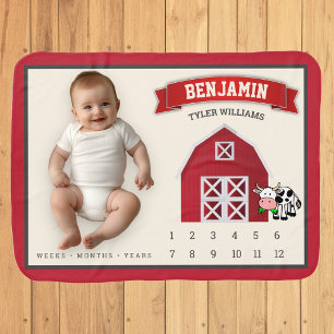 Cute Red Barn Farm Cow Baby Boy Monthly Milestone Blanket