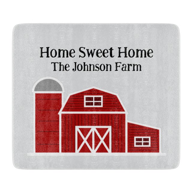 Cute red barn farm house personalized cutting board (Front)