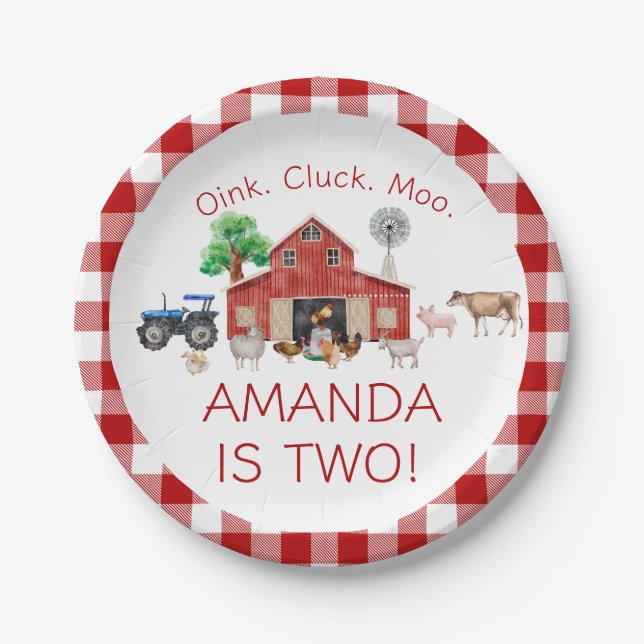 Cute Red Barnyard Farm Animal 2nd Birthday  Paper Plates (Front)