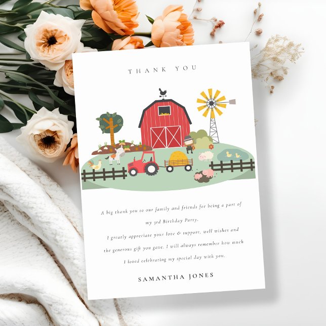 Cute Red Barnyard Farm Animal Any Age Biirthday Thank You Card (Creator Uploaded)