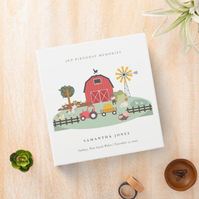 Cute Red Barnyard Farm Animal Any Age Birthday 3 Ring Binder (In Situ)