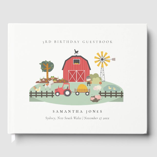 Cute Red Barnyard Farm Animal Any Age Birthday Guest Book (Front)