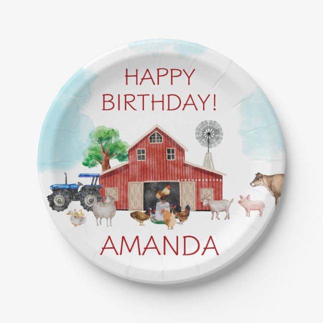 Cute Red Barnyard Farm Animal Any Age Birthday Paper Plates (Front)