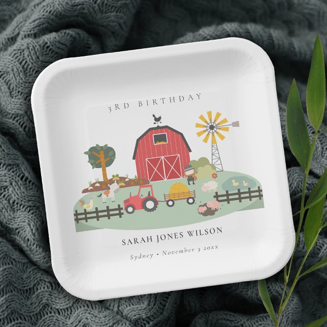 Cute Red Barnyard Farm Animal Any Age Birthday Paper Plates (Creator Uploaded)