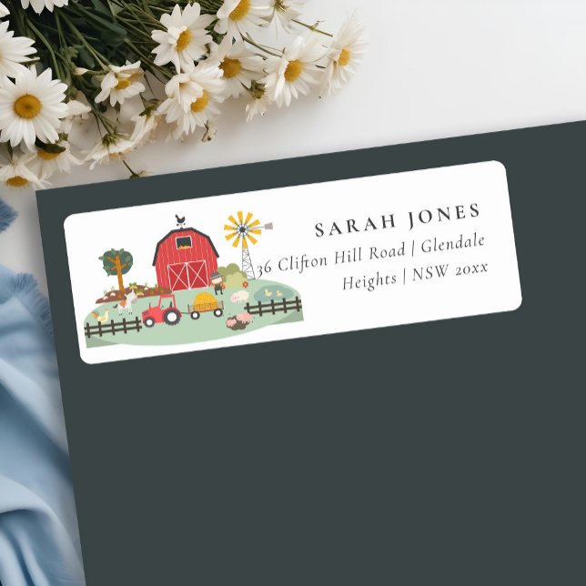 Cute Red Barnyard Farm Animal Baby Shower Address Label (Creator Uploaded)