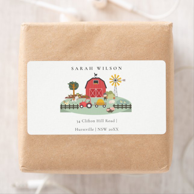 Cute Red Barnyard Farm Animal Baby Shower Label (Insitu)