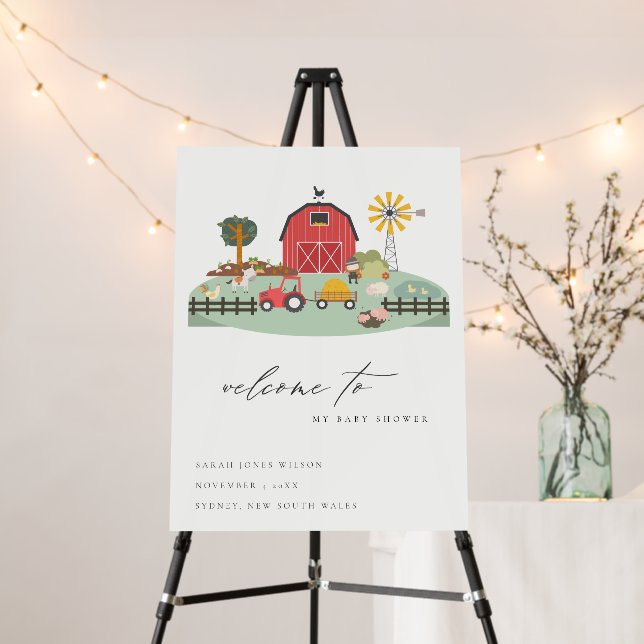 Cute Red Barnyard Farm Animal Baby Shower Welcome Foam Board (In Situ (Stand))